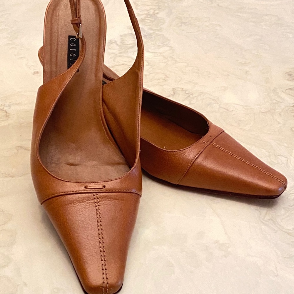 Corello Women Slingback Heel LEATHER Shoes Tan SZ8